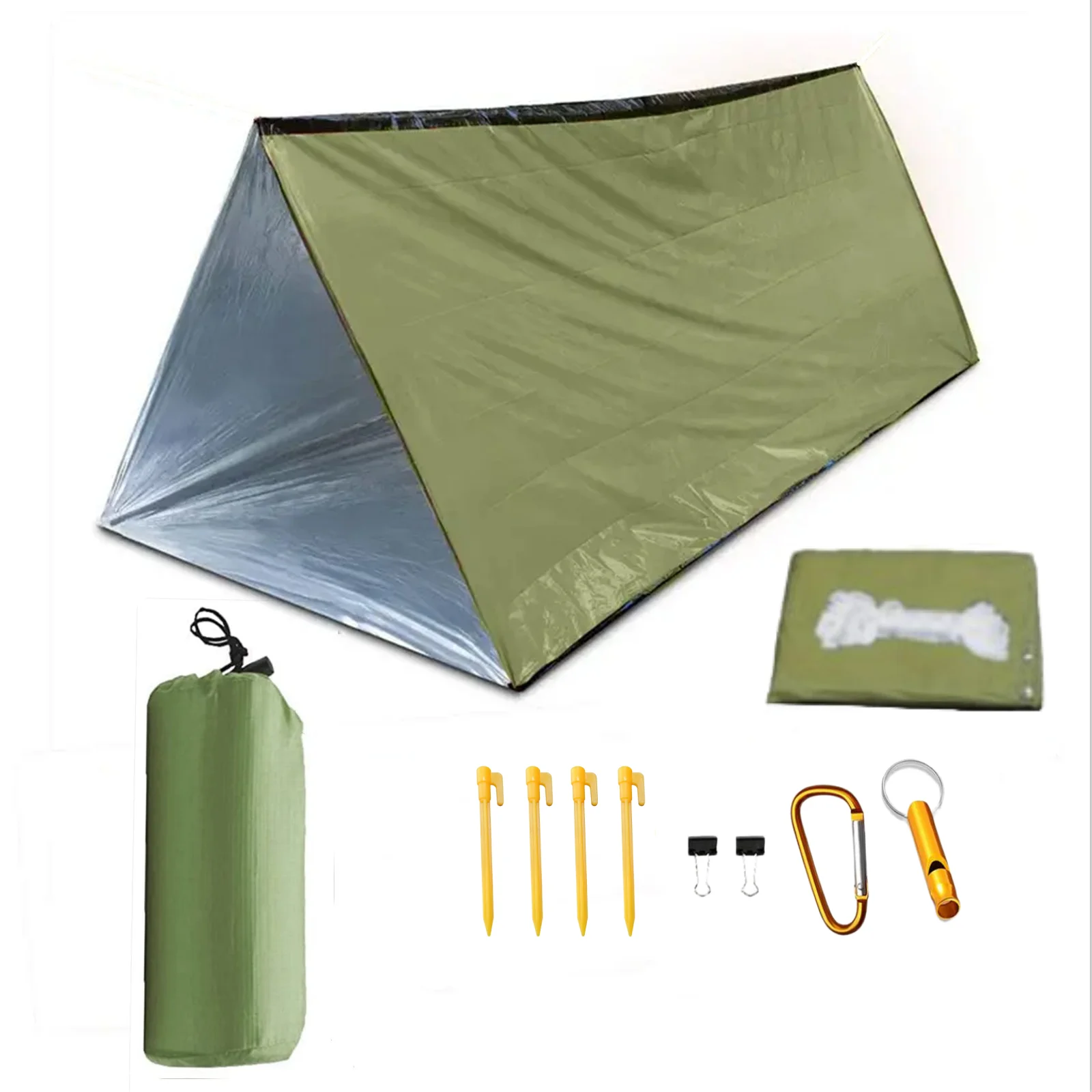 Outdoor emergency tent withground pegs, clips, whistle, carabiner and storage bag set, convenient and portable to store travel