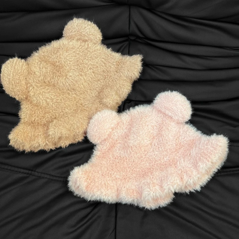 Niedlicher Plüsch-Eimerhut mit kleinen Bärenohren und Spitze für Damen, Herbst- und Wintermodell, dick, warm, mit Ohrenschutz, breiter Krempe, Eimerkappen – Detail 4