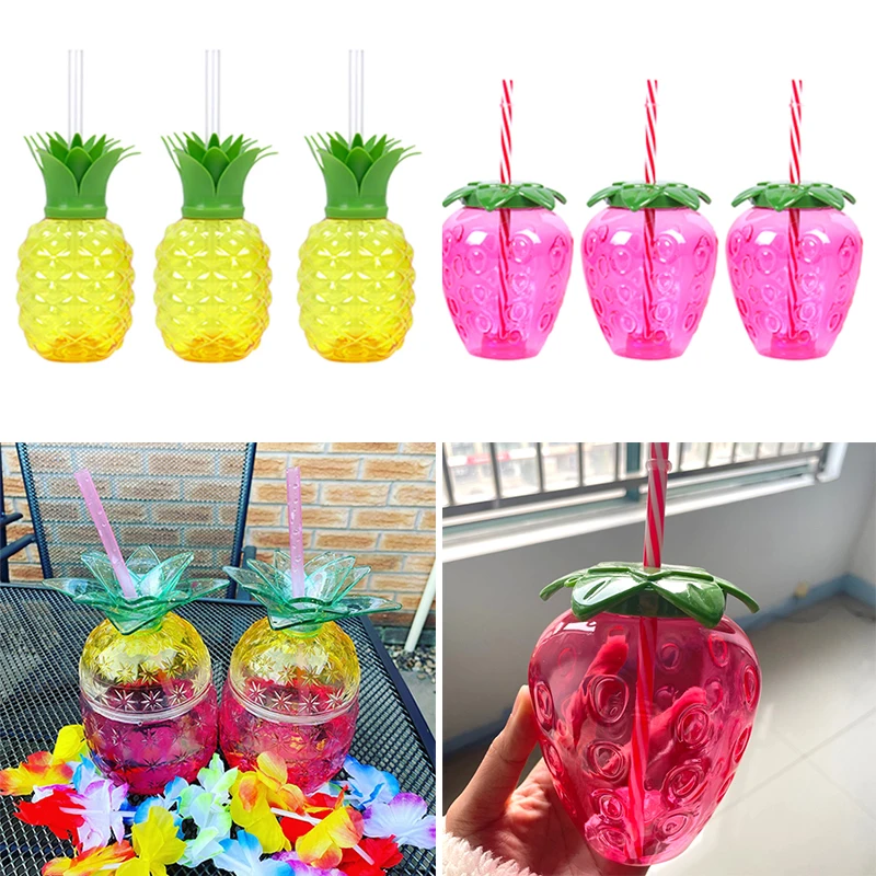 6/12pcs Fruits Shape Plastic Water Cups Drinking Cup Pineapple Strawberry Style Straw Cup Summer Beach Pool Birthday Party Decor