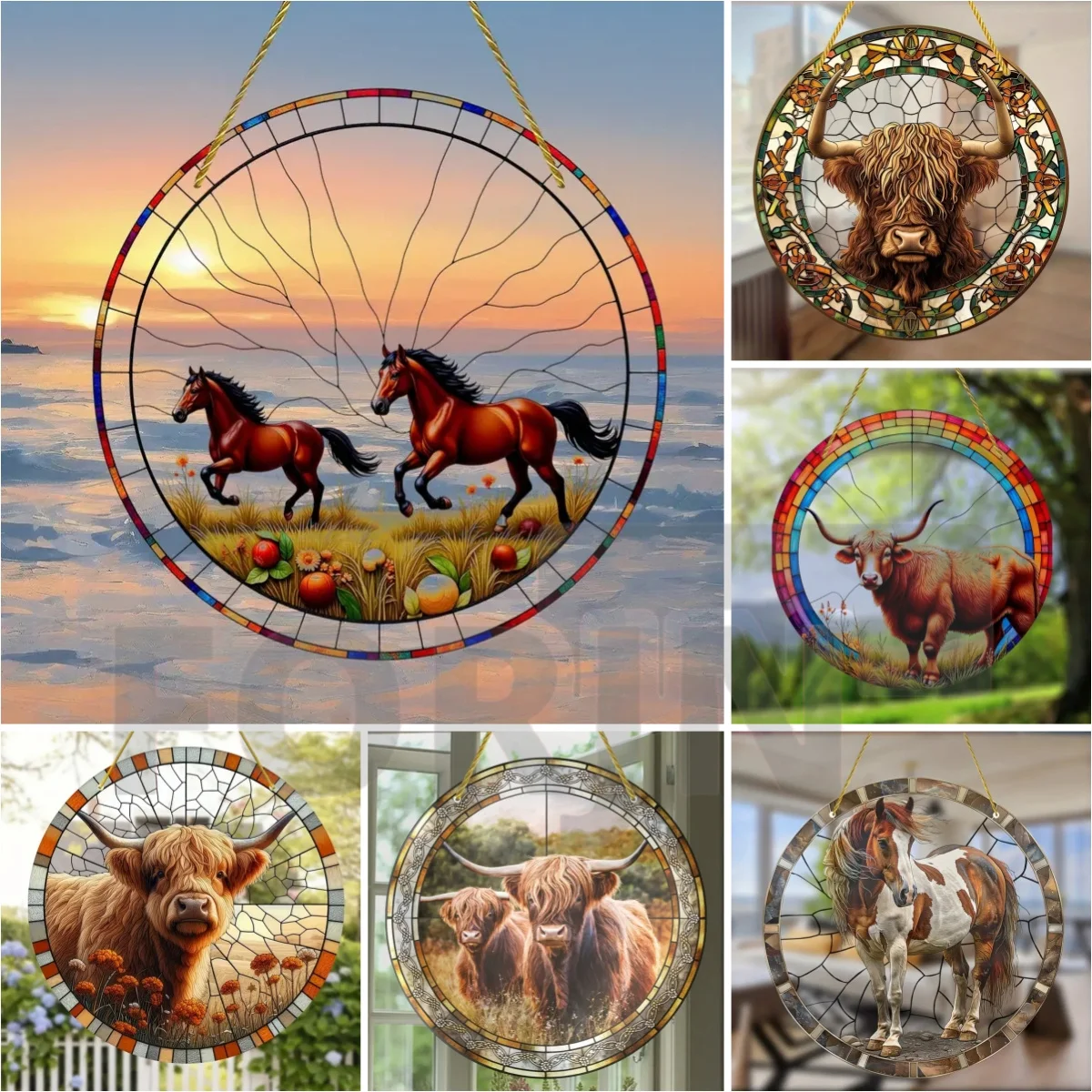 Animal World Wildlife Highland Cow Horse Suncatcher,round Acrylic Translucent Window Hanging Sign,Home&room,yard Farmhouse Decor