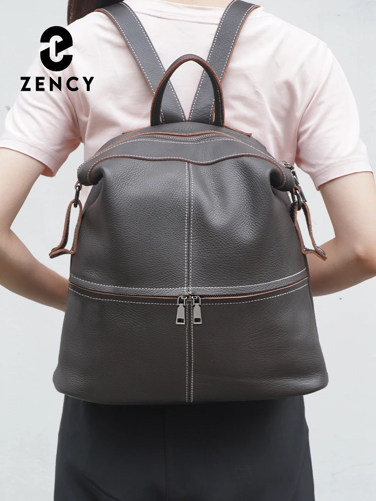 Zency Women\'s Classic Genuine Leather Travel Backpack Knapsack Big Capacity For Ipad A4 Laptop Ladies Shoulder Bag With Strap