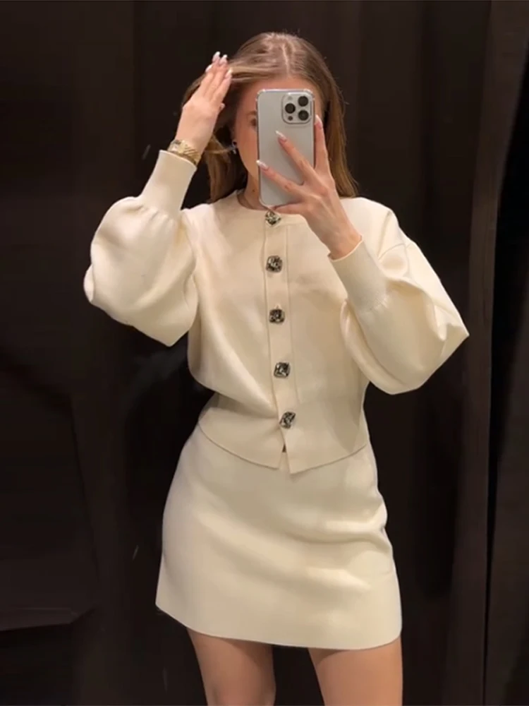 

Casual Knitted New In Matching Sets Round Neck Puff Long Sleeve Cardigan Hip Package Mini Skirt Elegant Solid Lady Suit Outfit