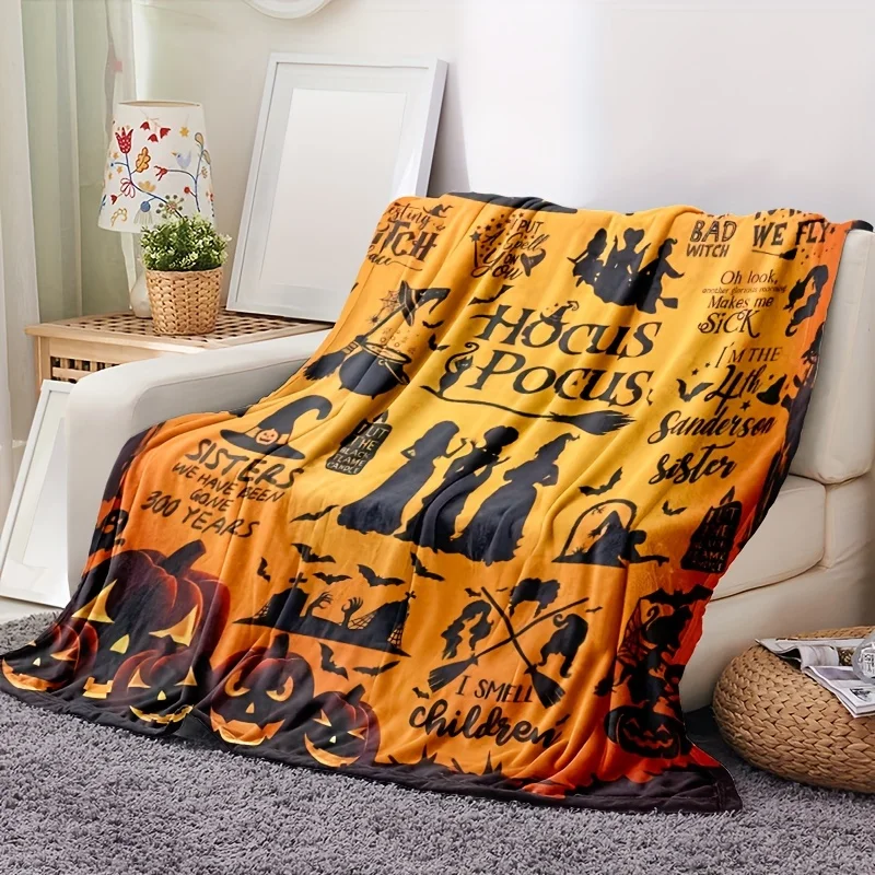 Traditional-Style Hocus Pocus Themed Flannel Throw Blanket, Machine Washable, All-Season Stain-Resistant Bedding with Pumpkin