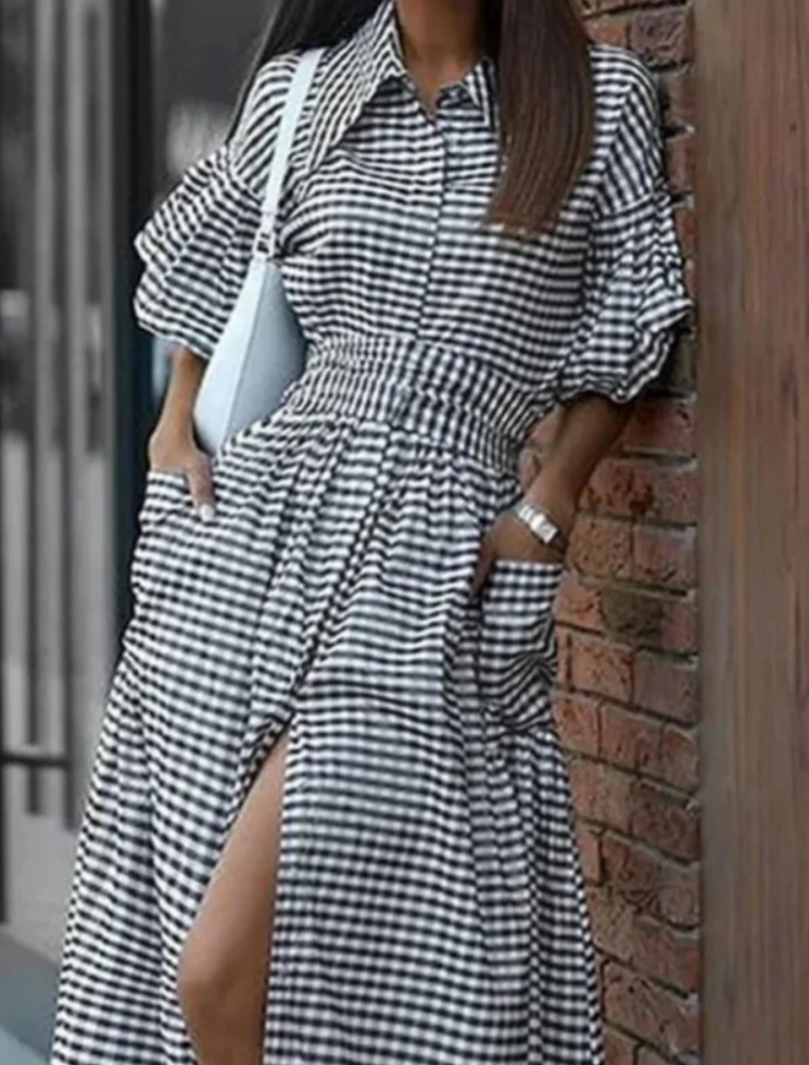 موضة جديدة منقوشة التلبيب قميص فستان المرأة كشكش الأكمام جيوب بأزرار الجبهة الشق عالية الخصر فساتين ماكسي أنيقة