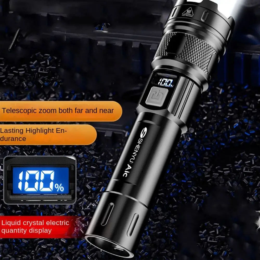 

Powerful LED Display Flashlight High Power USB Rechargeable Telescopic Zoom Torch Zoom Waterproof Camping Light Emergency
