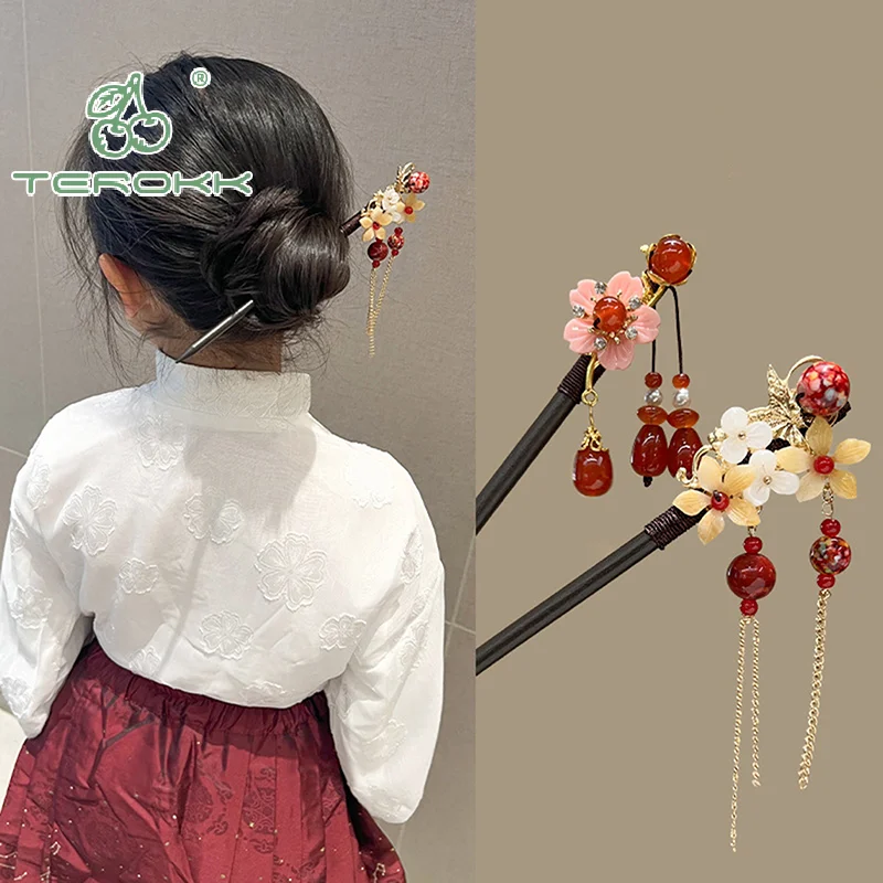 النمط الصيني مضيئة جناح الشعر العصي للنساء الاطفال الرجعية المعادن الخشب زهرة شرابة دبوس الشعر مقاطع إكسسوارات الشعر #2