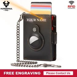 Free Engraving Pop-up Card Holder Genuine Leather Wallets RFID Blocking Metal Cardholder Coin Purse with Apple AirTag Case