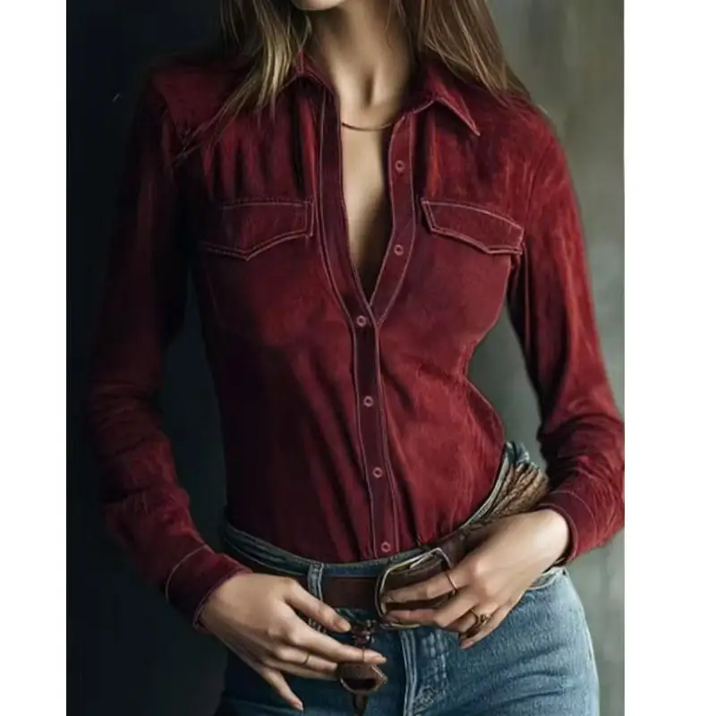 Spring Commute Sle Long Sve Pure Color Wildleder Irt Collar Button Up Office Work Top Damen Faion Ele Upperwear