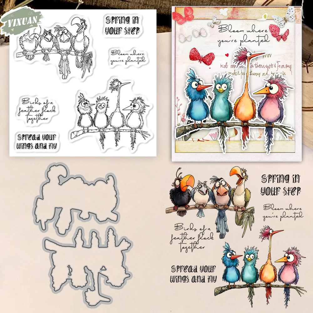 Clear Silicone Stamps For Card Making - Funny Birds In Line Cutting Dies