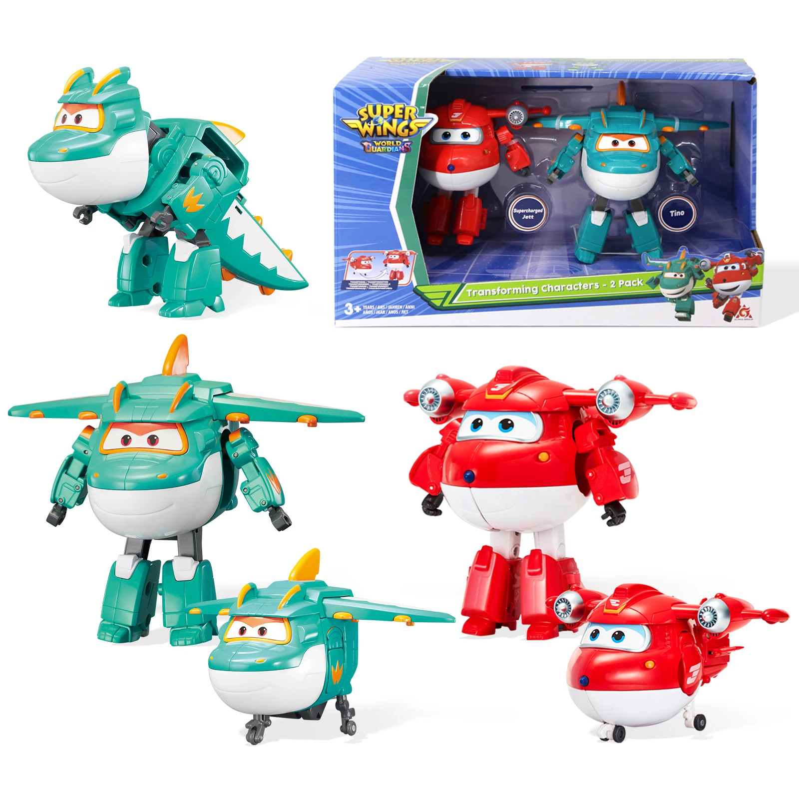 Super Wings Juego de Juguetes Transformables 5 en 1 de Jett y Tino, Juguete de Rescate Aéreo 2 en 1 para Niños de 3 a 6 Años, Figuras de Aviones para Niños Pequeños