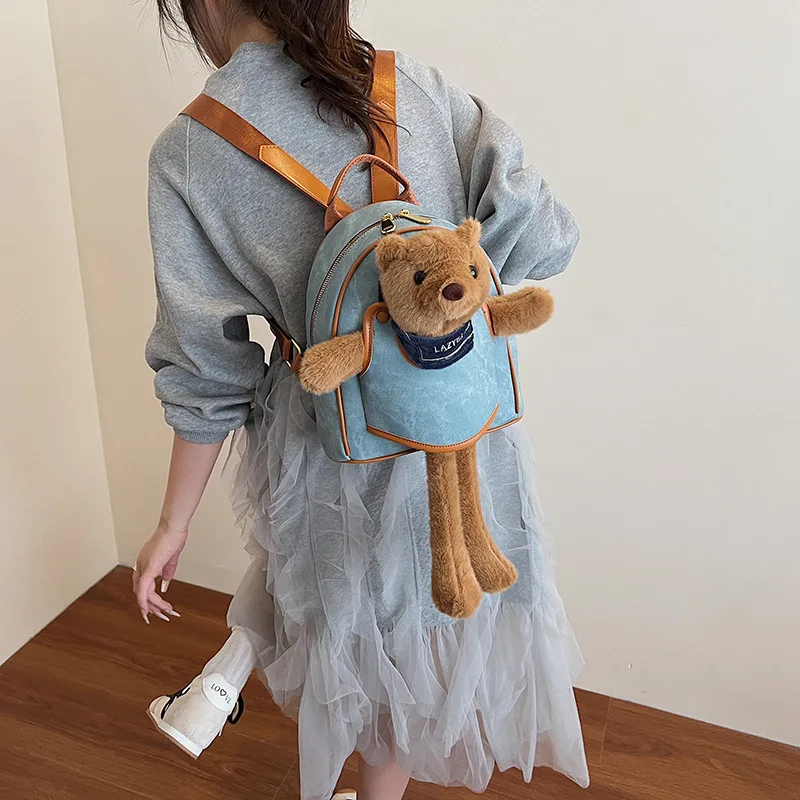 

2025 Autumn Cartoon Backpacks Large Capacity Leather College Student Schoolbags With Bear Doll Decor Travel Commuting Backpack