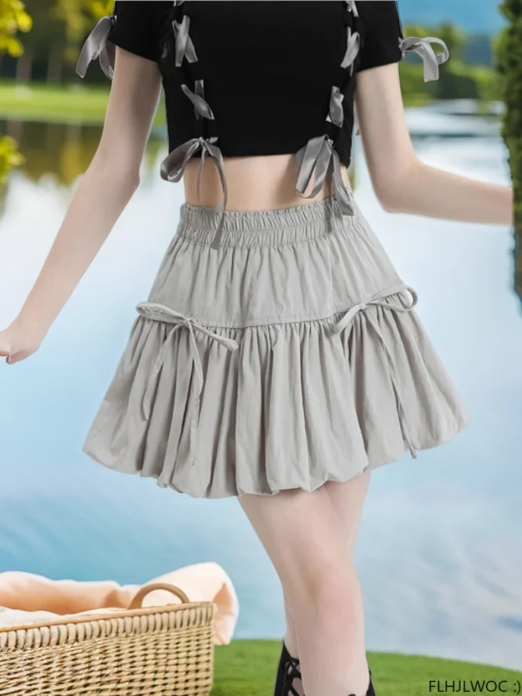 Minifalda plisada de cintura elástica para mujer, estilo Lolita, diseño con lazo, dulce y fresco