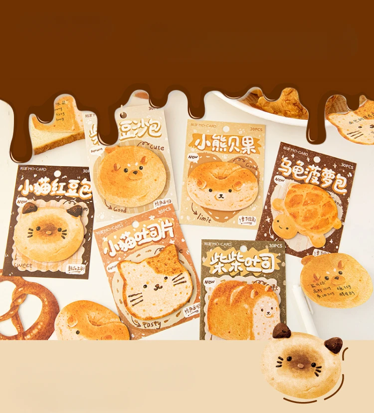 30 Sheets Bread Story Self-Adhesive Note Pad Creative Cute Toast Bread Fruits N Times Posted Student Writable Memo