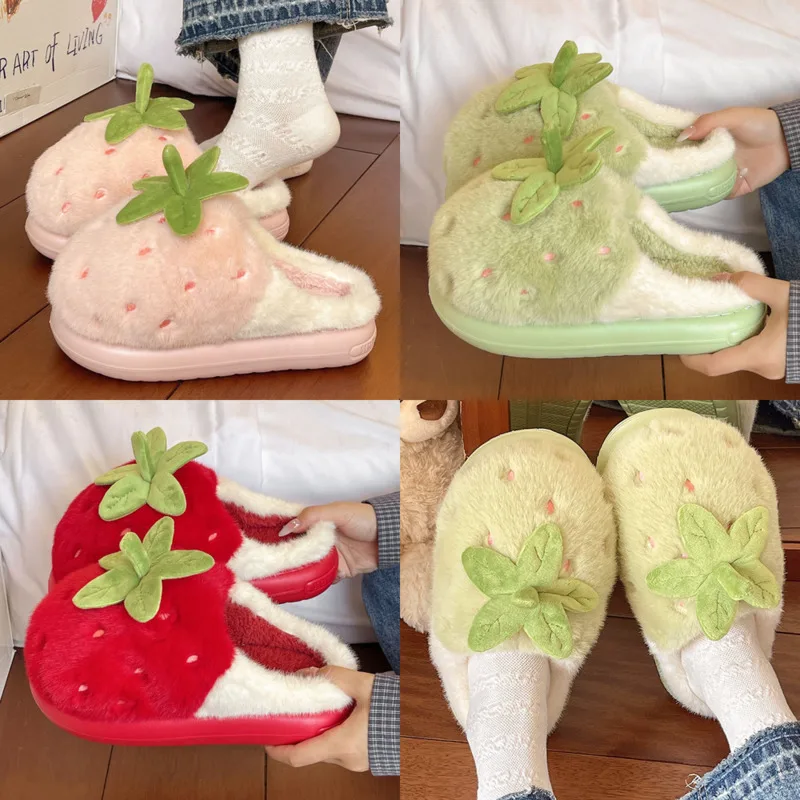딸기 모양 면 슬리퍼 여성용 Y2K 귀여운 플러시 따뜻한 실내화 미끄럼 방지 두꺼운 밑창 겨울 과일 슬리퍼 편안한 홈웨어 신상품