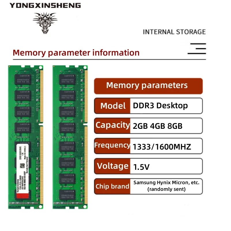 Yongxinsheng-Mémoire de serveur d'ordinateur, modèle DDR3, capacité 2 Go 4 Go 8 Go, fréquence d'horloge 1600mhz successive, ram pc3 12800u, mémoire universelle