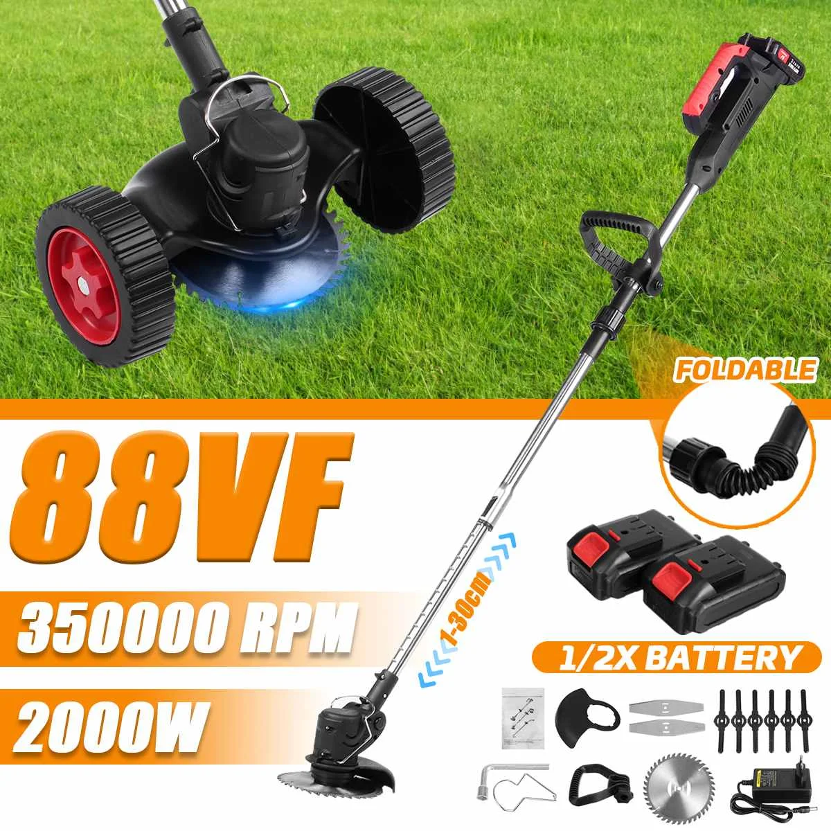 35000RPM 88VF Electric Grass Trimmer with 2 Batteries Wireless Cordless Lawn Mower Length Adjustable Garden Pruning Cutter Tool