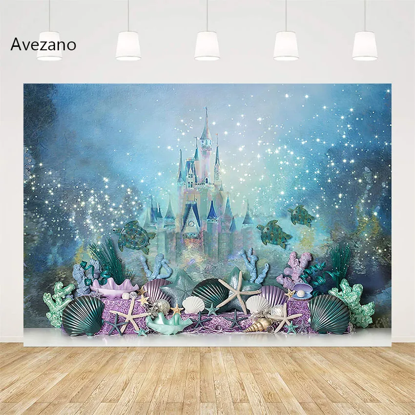 Avezano Mermaid ฉากหลังภายใต้ Sea ปราสาทใต้น้ำสาววันเกิดภาพเค้ก Smash ตกแต่งถ่ายภาพ Props พื้นหลัง