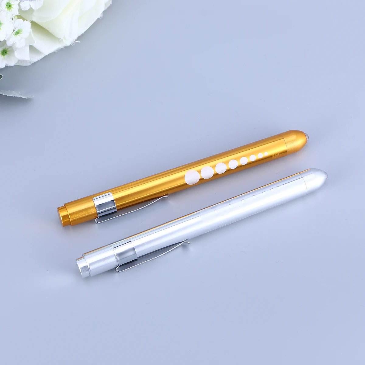 

2pcs Medical Pen Light With Pupil Gauge For Nurses Led Aluminum Alloy Body Push Button On Off Yellow Silver No