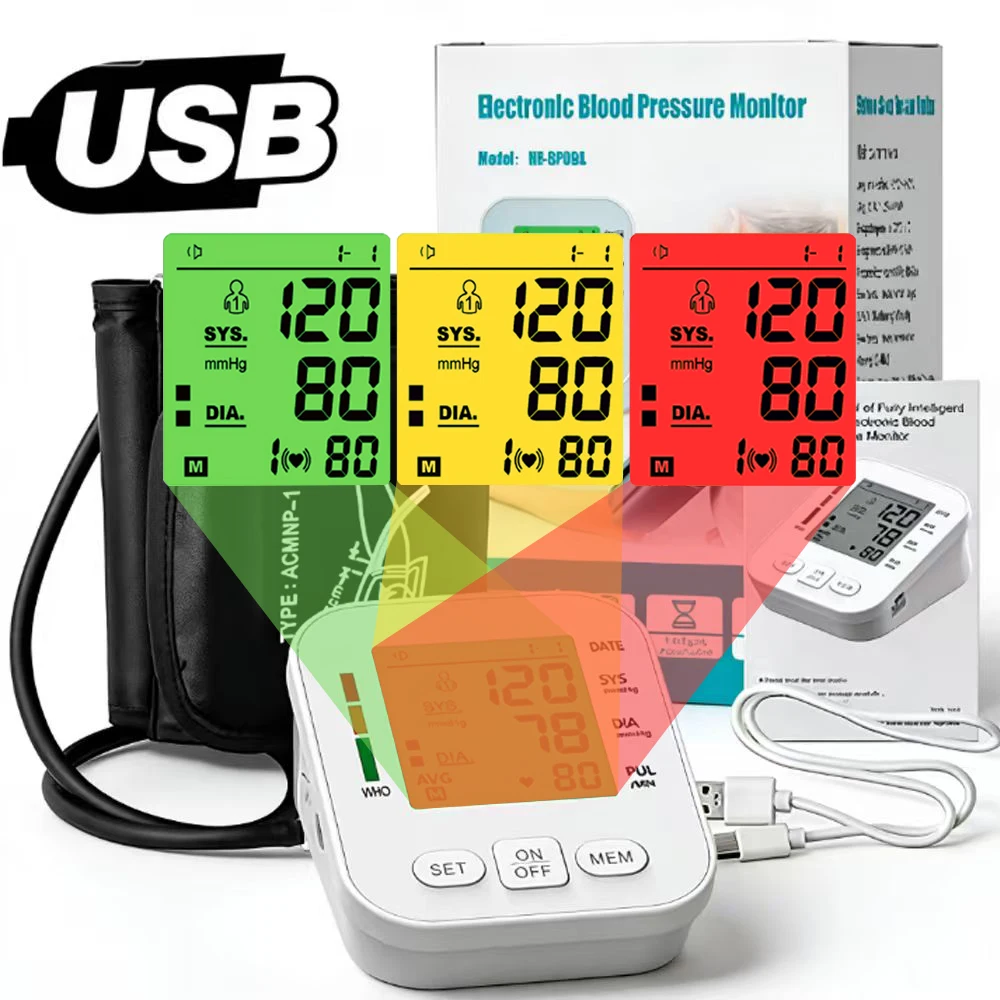 Monitor de Pressão Arterial com Luz de Fundo em 3 Cores, Dispositivo Automático de Medição de Pressão no Braço Superior, Máquina com Braçadeira de 36cm para Cuidados de Saúde em Casa