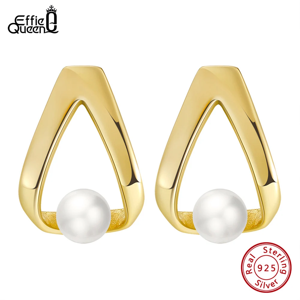 

Effie Queen 925 Pure Silver 14k Gold Triangle Freshwater Pearl Stud Earrings Banquet Jewelry for Women Wedding Party Gift GPE35