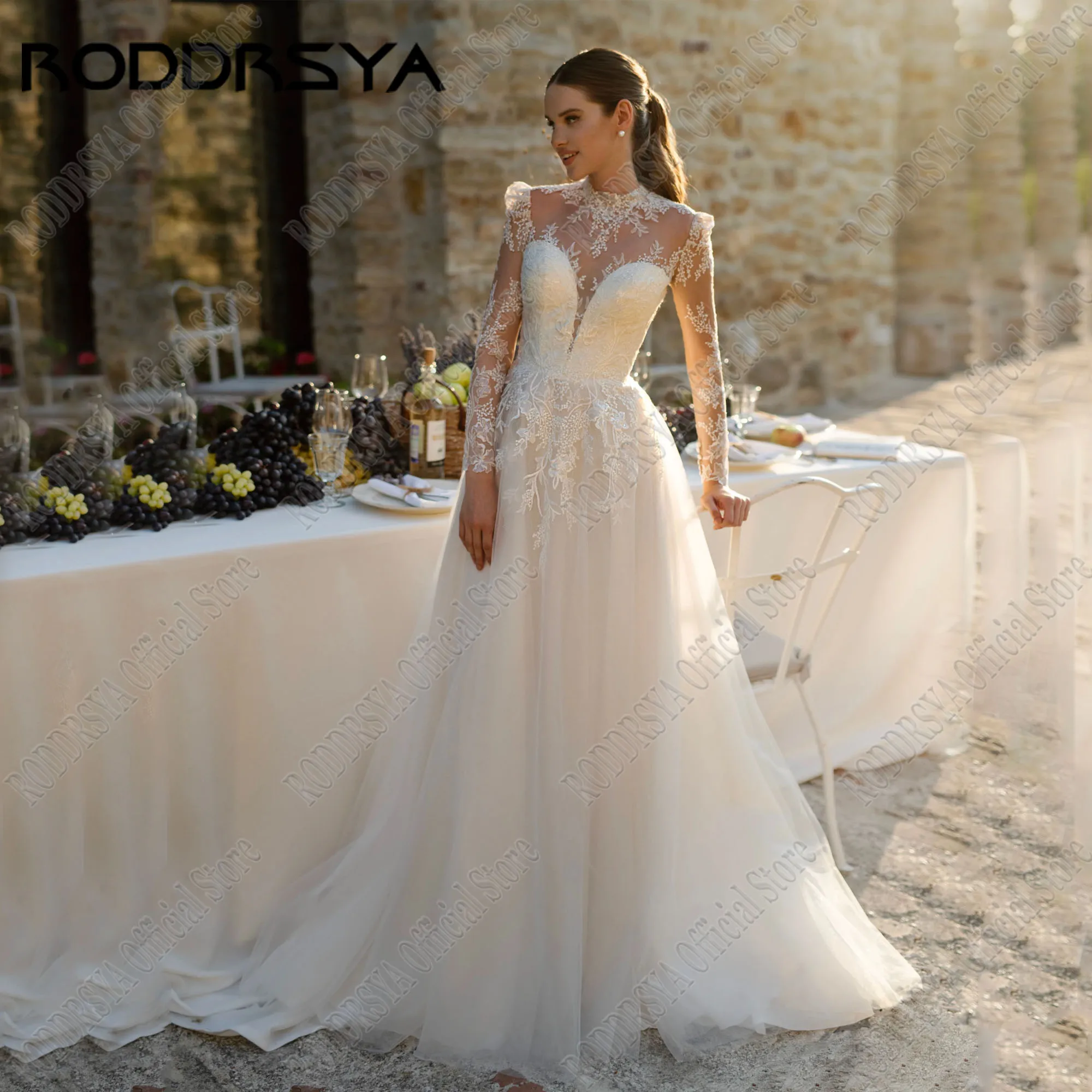 RODDRSYA Lace Wedding Dress 2025 Noiva O-Neck Manga Longa Sweep Train Noivas Vestido Mulheres Vestidos De Novias 2025 PersonalizadoRODRSYA Renda Vestido de Noiva 2025 Noiva O-Neck Manga Longa Varrer Trem Vestido de Noi