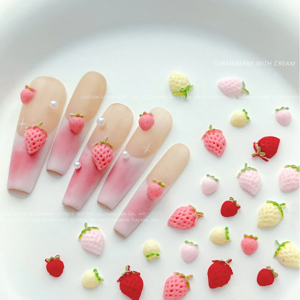 50 sztuk Mix rozmiarów symulowane śliczne truskawkowe ozdoby do paznokci Mix wielokolorowe truskawkowe dekoracje z żywicy na akcesoria do Manicure