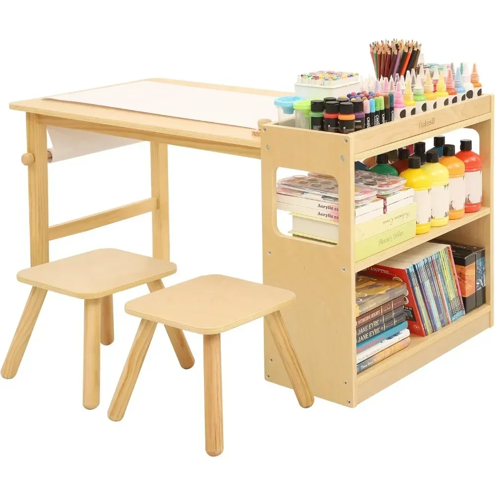 

Kids Art Table and 2 Chairs Set with Roll Paper & Storage, Wooden Kid Craft Table for Drawing, Learning and Reading, Toddler Act