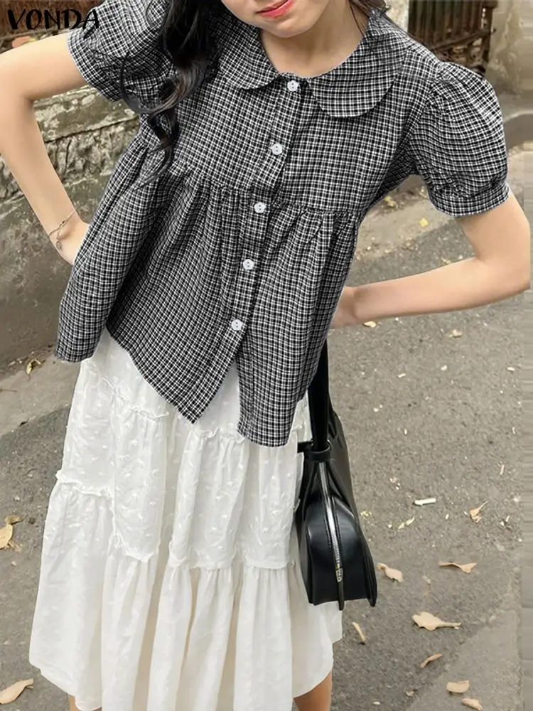 Koszule VONDA Fashion 2025 Damskie Bluzki w Kratę z Krótkim Rękawem Letnie z Kołnierzykiem Luźne Tuniki Casualowe Vintage Bluzki w Kratę Blusas Femininas