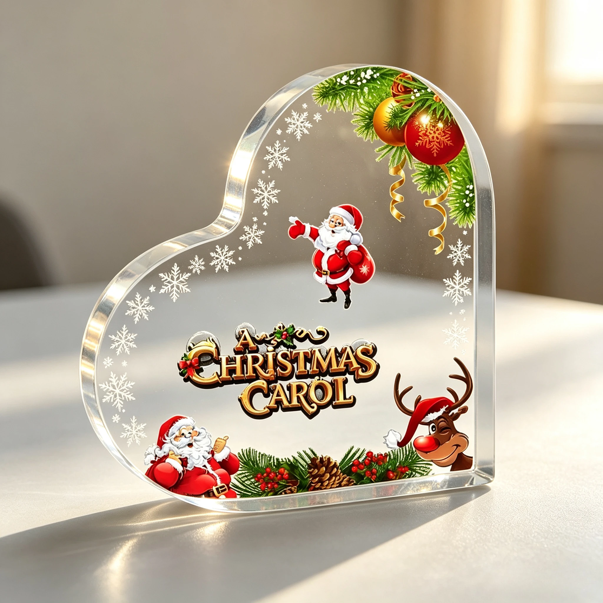 Pine Cone Bauble Christmas Scene Heart‑Shaped Acrylic Keepsake, Xmas Desktop Gift