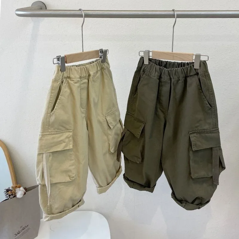 spring autumn cargo pants baby boys girls Korean big pockets overalls cotton capris pantalones sweatpants 2 to 10 years