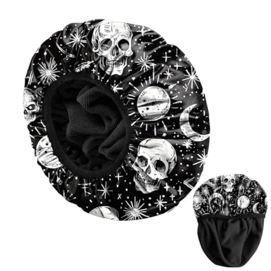 Luxury Shower Cap Reusable Terry Cloth Lined EVA Triple Waterproof Layer Elastic Hair Bath Caps for Women Girls Cute-Skull