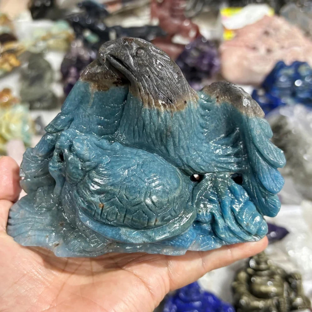 Natural Quartz Eagle & Turtle Carving, Hand Carved Crystal Hawk Tortoise Figurine, Healing Stone Statue, Home Desk Decor