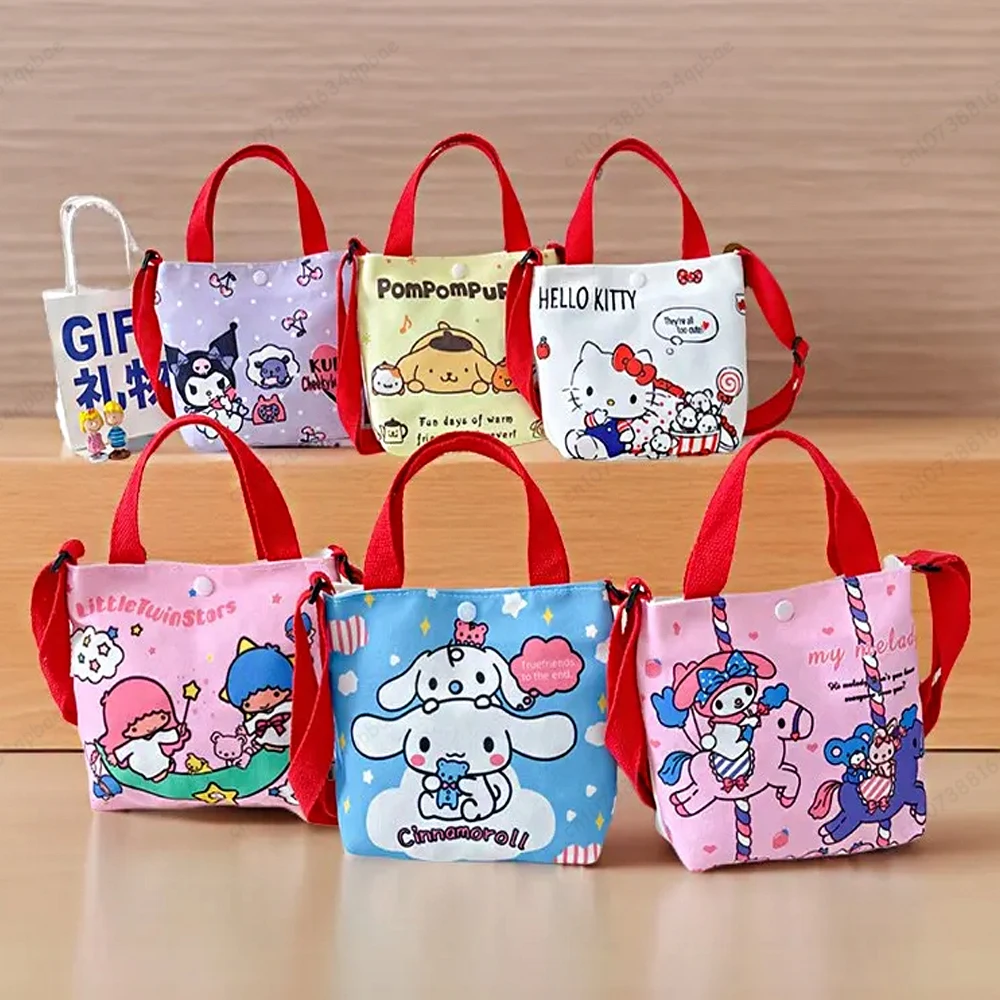 

MINISO Kawaii Sanrio Canvas Bag Hello Kitty Cinnamoroll Crossbody Shoulder Hand Bag Cute Cartoon Melody Kuromi Girl Kids Gift