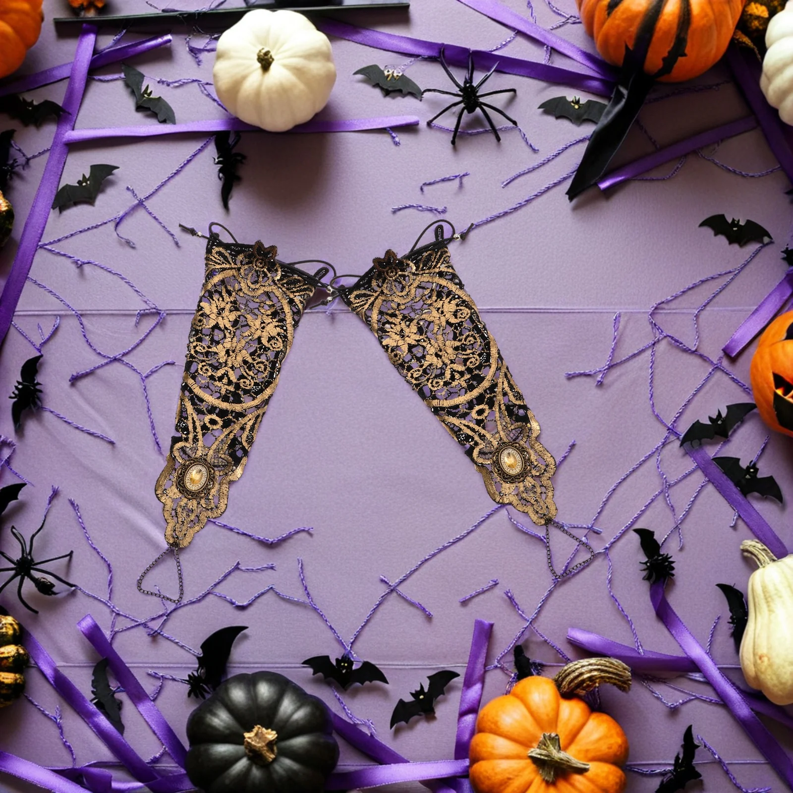 

2Pcs Lace Fingerless Gloves Rhinestone Beaded Wristband Cuff Gothic Steampunk Bridal Party Halloween Vintage Accessory