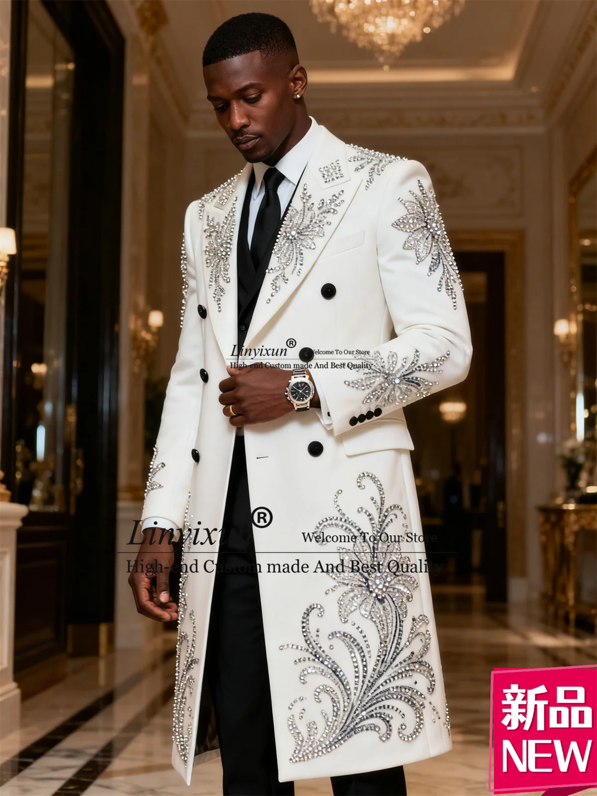Long Coat Pants Men Suit Customized 3 Pieces Sets Groom Male Blazers Sparkly Rhinestons Crystals Tuxedos Wedding Ropa hombre