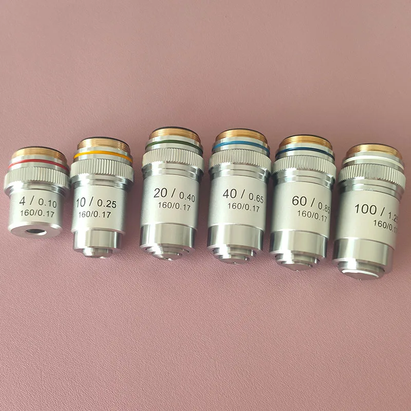 4X 10X 20X 40X 60X 100X 무색 대물 렌즈 195mm 공액 거리 튜브 길이 160mm 생물 현미경 대물 렌즈