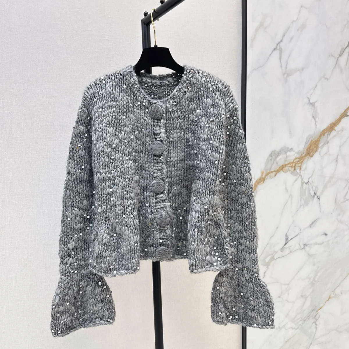 2026 high-quality women's round neck short flared sleeve linen gray loose sweater jacket--26929159