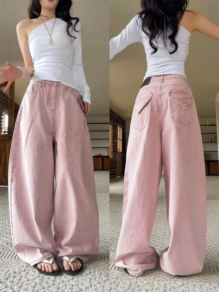 

High Waist Wide Leg Jeans Pink Heart Pattern Lazy Sle Cotton Denim Straight Cut Floor Length Pants Women's Spring Faion