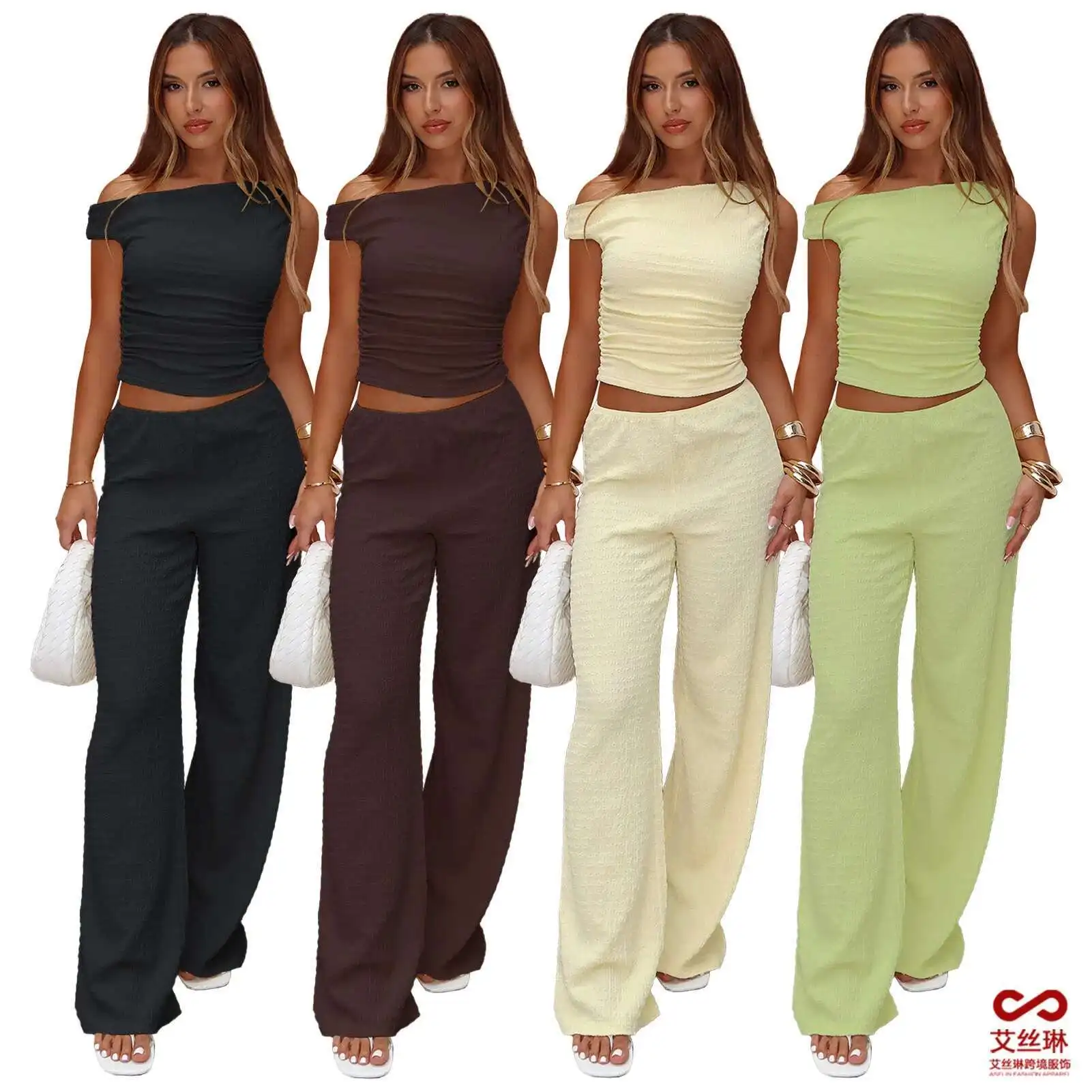

Gl6783 Women's Elastic Bubble Single Shoulder Diagonal Collar Folded Wide Leg Pants Set Two Piece Set
