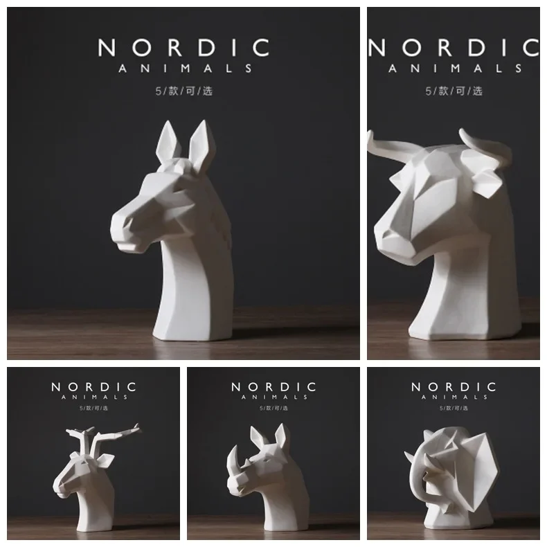 MGT-Nordic Style Ceramic Animal Decoration, White Horse Head, Bull Head, Elk Head, Luxury Living Room Entrance Decoration, Light