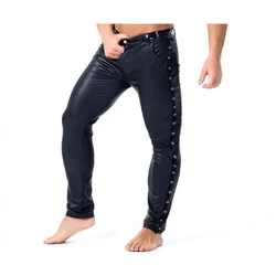 Mens Calças De Couro Do Falso Preto Do Punk Gótico Olhar Molhado Motor Motociclista Calças Justas Stretch Club Stage Leggings