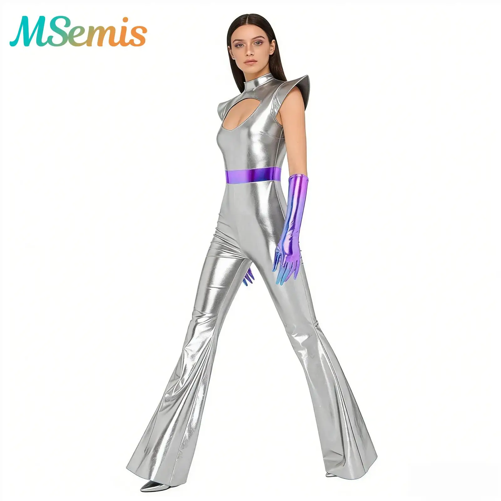 

Womens Metallic Jumpsuit with Gloves Alien Carnival Cosplay Costume Retro Disco Flare Cutout Chest Bell Bottom Pants Bodysuit