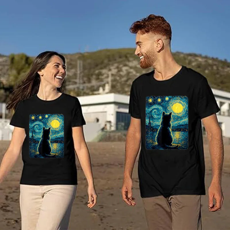 

Black Cats Lover Starry Night Vincent Van Gogh T-Shirt Cute Kitty Graphic Outfit Novelty Gift Fashion Streetwear Clothes Y2k Tee