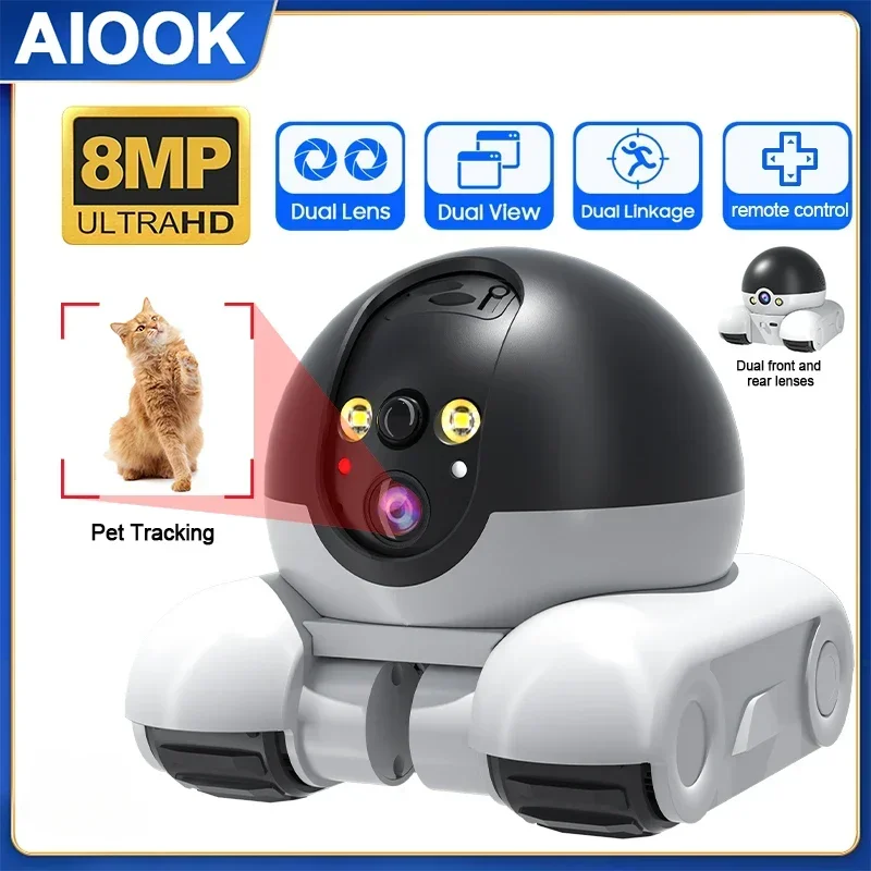 AIOOK Pet Camera HD 8MP 4K Dual Lens WIFI Camera Two-way Intercom Remote Pet Tracking Video Camera Night Vision