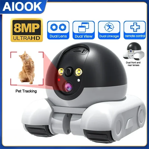Cámara AIOOK para mascotas HD 8MP 4K lente Dual WIFI cámara intercomunicador bidireccional cámara de vídeo de seguimiento remoto de mascotas visión nocturna