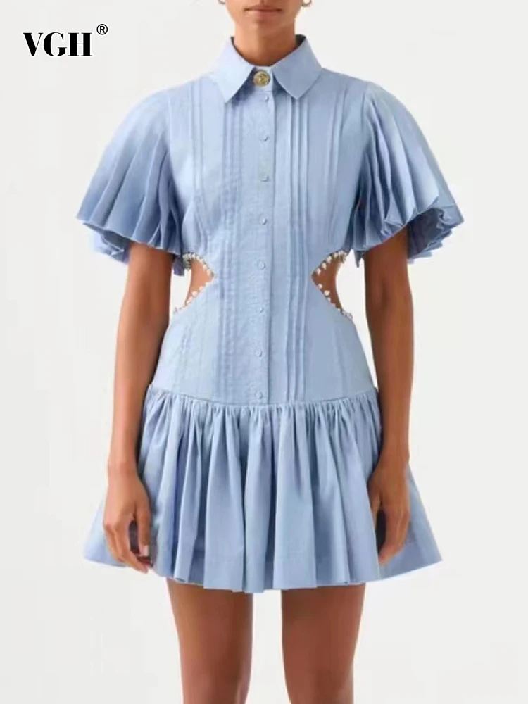 VGH Solid Chic Dresses For Women Lapel Short Sleeve Single Breasted Hollow Out Spliced Ruffles Mini Dress Female Summer Clothing