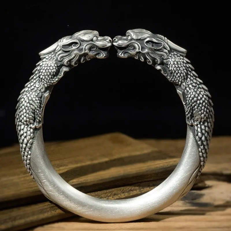 Wide Silver Pixiu Bracelet Men, Trendy Fashionable Vintage Open Bangle, Weighted Version