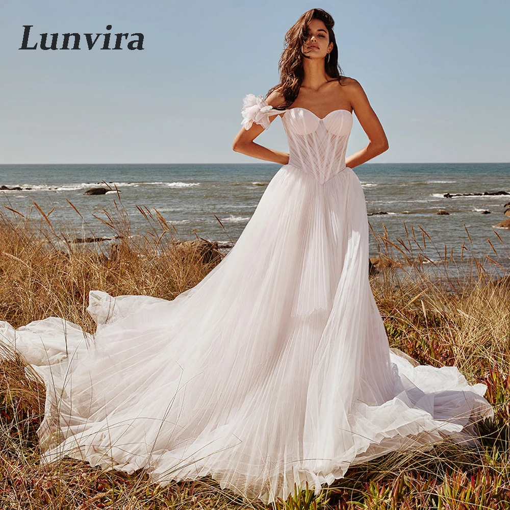 Lunvira Trendy Pleat Brides Dress One-shoulder Tulle Sweetheart A-line Chapel Train Zipper Vestido De Casamento Customized