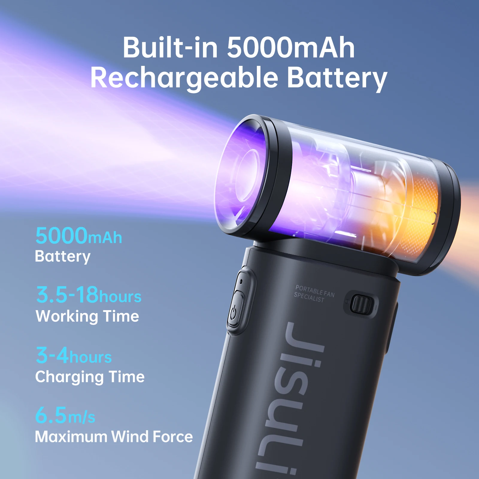 JISULIFE 휴대용 터보 선풍기, 초강풍, 5 단 속도, 긴 배터리 수명, 5000mAh,USB 충전식, 다목적 포켓 선풍기 