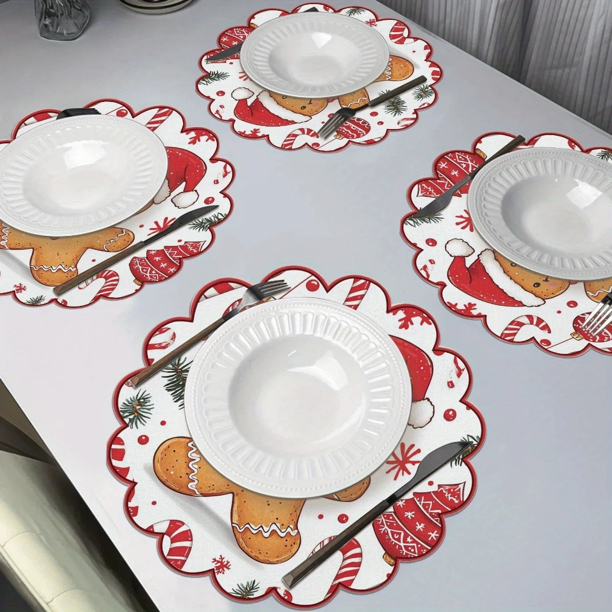 VIKAMA 4-Piece Christmas Gingerbread Man Wavy-Edge Placemats Holiday-Themed Family Dinner Table Decor and Accessories